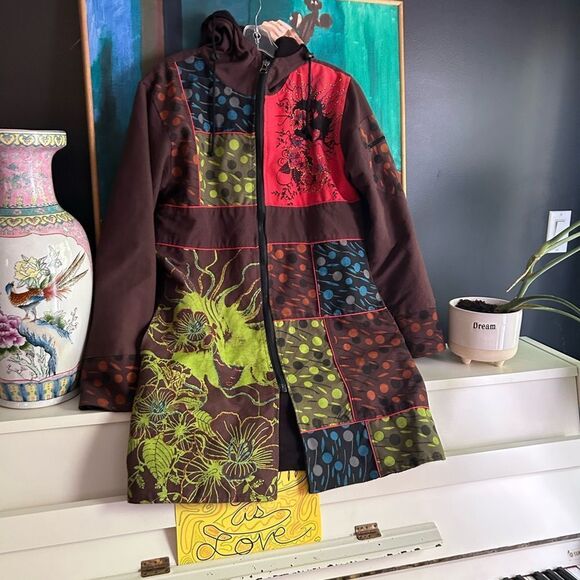 Nepalese Boho Hippy Festival Patchwork Hooded Fleece Lined Jacket 42" L - Picture 3 of 16